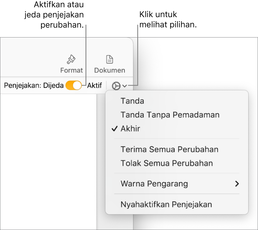 Menu pilihan penjejakan yang menunjukkan Nyahaktifkan Penjejakan di bahagian bawah dan petak bual ke butang Penjejakan Aktif dan Dijeda.