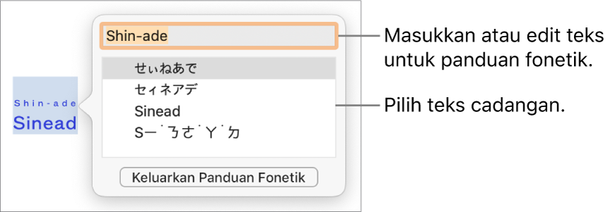 Panduan fonetik dibuka untuk perkataan, dengan petak bual ke medan teks dan teks cadangan.