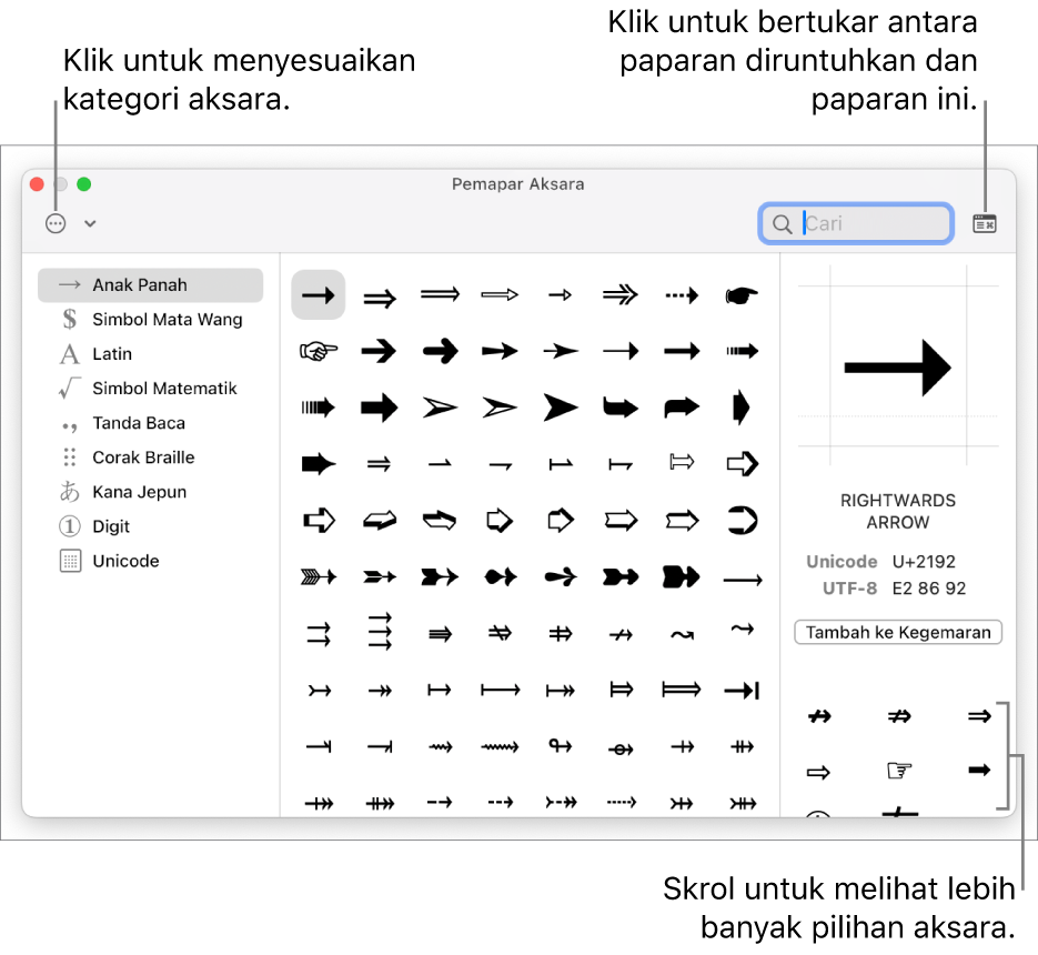 Pemapar Aksara yang dikembangkan menunjukkan aksara khas dan simbol, menu untuk kategori simbol berbeza di sebelah kiri dan butang di penjuru atas kanan yang membenarkan anda kembali ke paparan diruntuhkan.