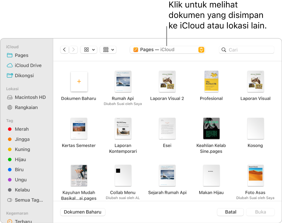 Dialog Buka dengan bar sisi dibuka pada bahagian kiri dan iCloud Drive dipilih dalam menu timbul di bahagian atas. Folder untuk Keynote, Numbers dan Pages kelihatan dalam dialog, bersama dengan butang Dokumen Baharu.