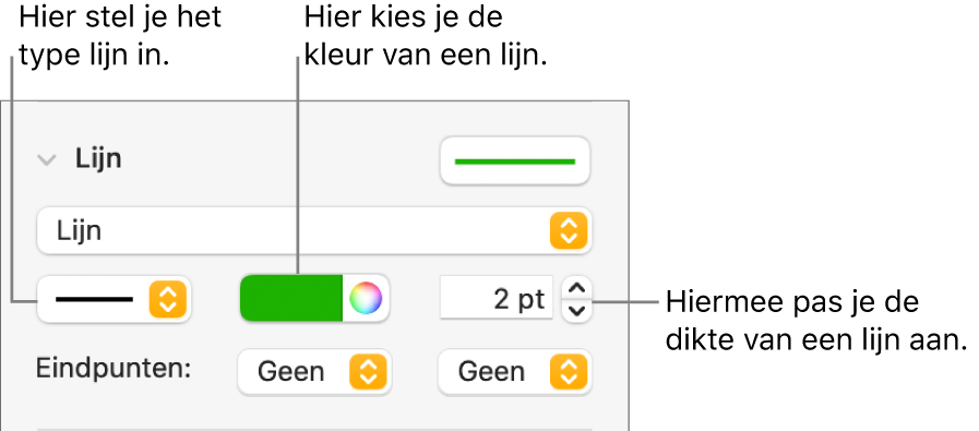 De lijnregelaars voor het instellen van eindpunten, lijndikte en kleur.