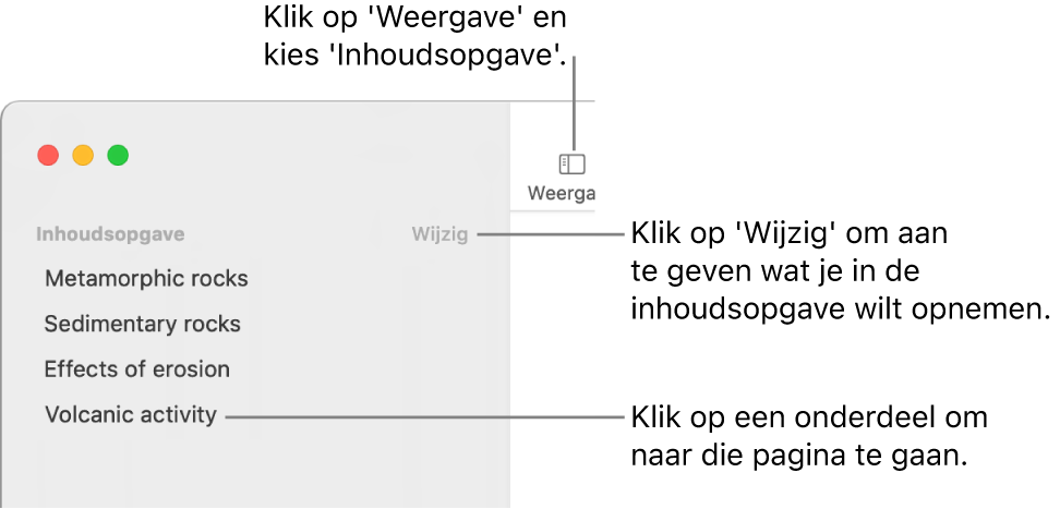 De inhoudsopgave aan de linkerkant van het Pages-venster met daarin een lijst met titels en rechtsboven in de navigatiekolom de knop 'Wijzig'. De knop 'Weergave' staat linksboven in de knoppenbalk van Pages, boven de navigatiekolom.