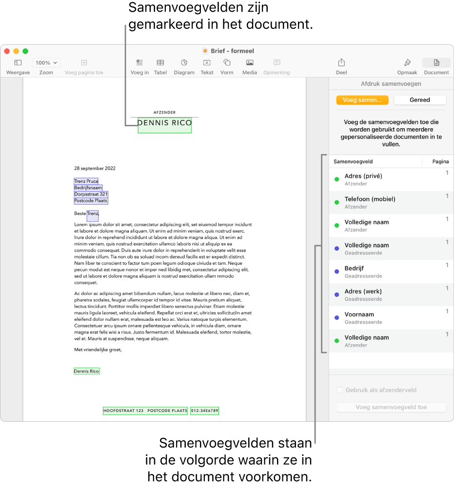 Pages-document met samenvoegvelden voor geadresseerde en afzender. In de navigatiekolom 'Document' wordt de lijst met alle gebruikte samenvoegvelden weergegeven.