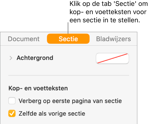 De navigatiekolom 'Document' waarin bovenaan de tab 'Sectie' is geselecteerd. In het gedeelte 'Kop- en voetteksten' in de navigatiekolom staan aankruisvakken naast 'Verberg op eerste pagina van sectie' en 'Zelfde als vorige sectie'.