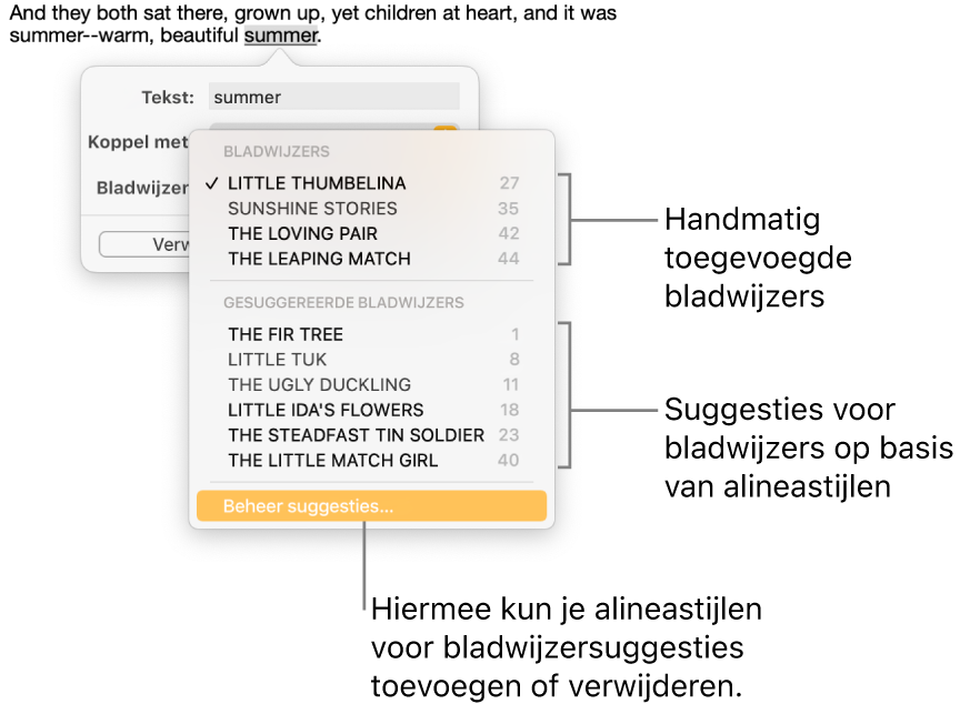 De lijst met bladwijzers met bovenaan de handmatig toegevoegde bladwijzers en daaronder de bladwijzersuggesties. Helemaal onderaan staat de optie 'Beheer suggesties'.