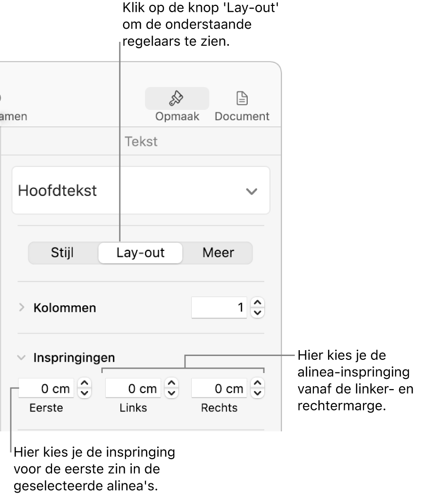 Regelaars in het gedeelte 'Lay-out' van de navigatiekolom 'Opmaak' voor het instellen van het inspringniveau van de eerste regel.