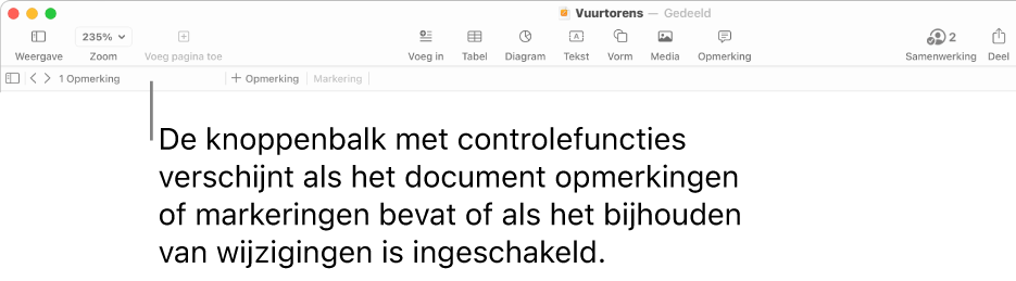 De Pages-knoppenbalk boven in het scherm met knoppen voor Weergave, Zoom, Voeg pagina toe, Voeg in, Tabel, Diagram, Tekst, Vorm, Media en Opmerking. Onder de Pages-knoppenbalk staat de knoppenbalk met controlefuncties met een knop voor het verbergen of weergeven van opmerkingen, pijlen om naar de vorige of volgende opmerking te gaan, het totale aantal opmerkingen en knoppen voor het toevoegen van een opmerking of markering.