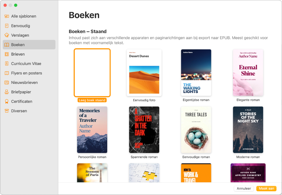 De sjabloonkiezer waarin 'Boeken' is geselecteerd in de lijst met categorieën aan de linkerkant. Aan de rechterkant staan boeksjablonen met de paginarichting 'Staand'.