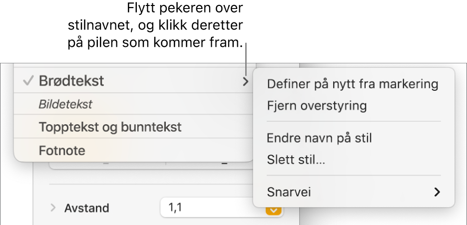 Avsnittsstiler-menyen, med snarveismenyen åpen.