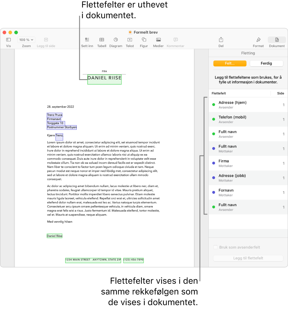 Pages-dokument med flettefelt for mottaker og avsender og en forekomstliste for flettefelt synlig i Dokument-sidepanelet.