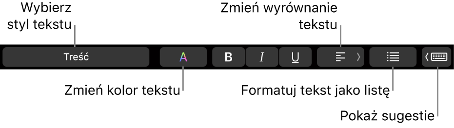 Pasek Touch Bar na MacBooku Pro, zawierający narzędzia do wybierania stylu tekstu, zmieniania koloru tekstu, zmieniania wyrównania tekstu, formatowania tekstu jako listy oraz wyświetlający sugestie pisowni.