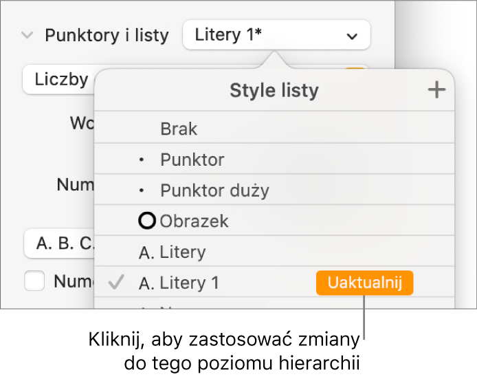 Menu podręczne Style listy z przyciskiem Uaktualnij obok nazwy nowego stylu.