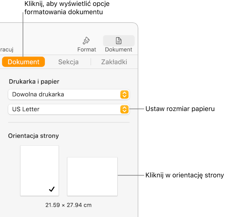 Pasek boczny Dokument z zaznaczoną na górze tego paska kartą Dokument. Na pasku bocznym widoczne są menu podręczne umożliwiające ustawienie rozmiaru papieru oraz przyciski pionowej i poziomej orientacji strony.