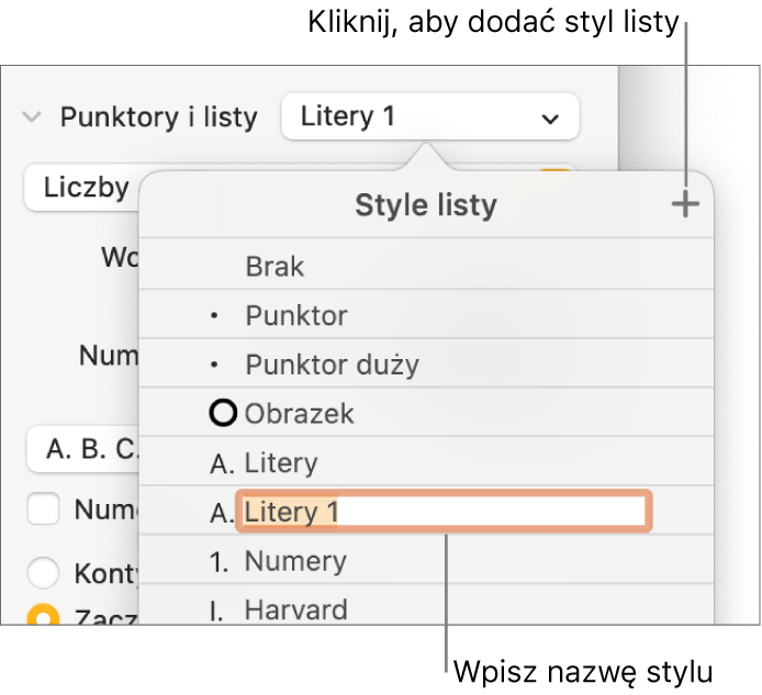 Menu podręczne Style listy z przyciskiem Dodaj w prawym górnym rogu oraz zaznaczoną zastępczą nazwą stylu.