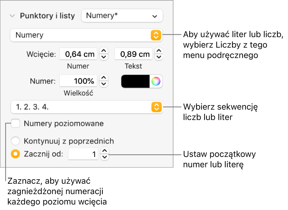 Narzędzia zmieniania stylu numeracji i odstępów listy.