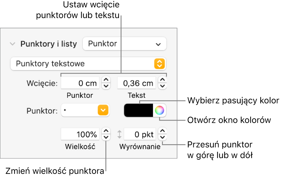 Sekcja Punktory i listy z etykietami wskazującymi narzędzia wcięć punktorów i tekstu, koloru punktora, wielkości punktora oraz wyrównywania.