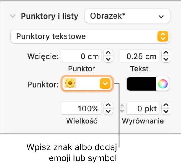 Sekcja Punktory i listy na pasku bocznym Format. Pole Punktor zawiera emoji przedstawiające kwiatek.