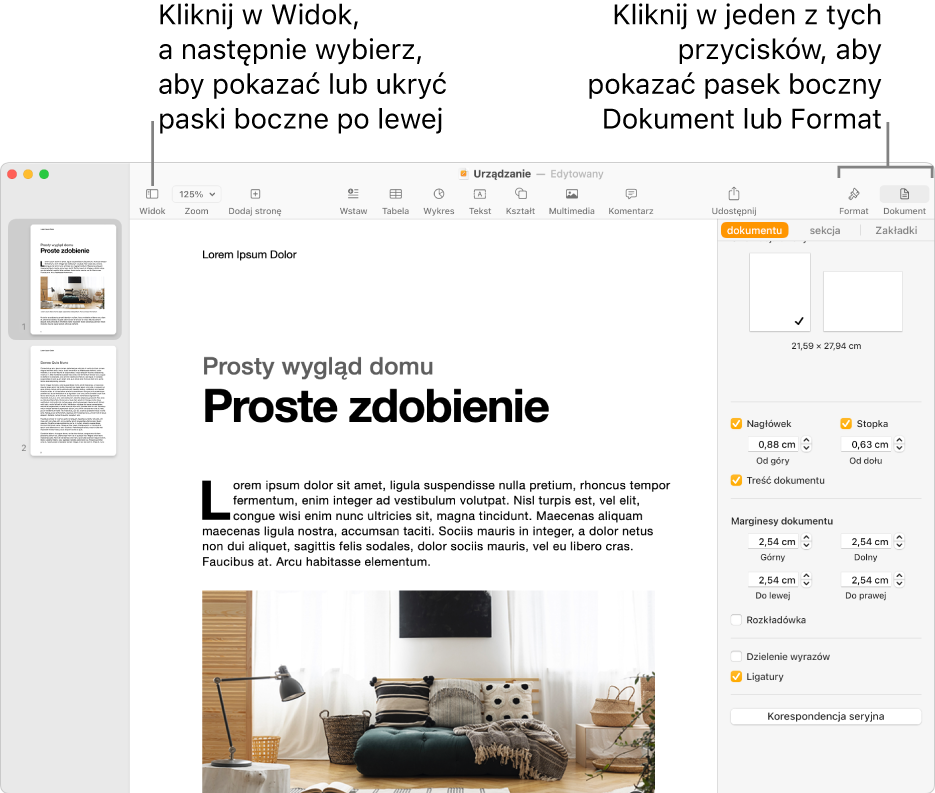 Okno Pages z etykietami wskazującymi przycisk menu Widok oraz przyciski Format i Dokument na pasku narzędzi. Po lewej i po prawej stronie otwarty jest pasek boczny.