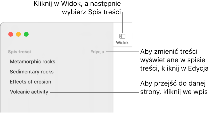 Spis treści widoczny po lewej stronie okna Pages. W prawym górnym rogu paska bocznego znajduje się przycisk Edycja. Niżej widoczna jest lista pozycji spisu treści. W lewym górnym rogu paska narzędzi Pages (nad paskiem bocznym) znajduje się przycisk Widok.