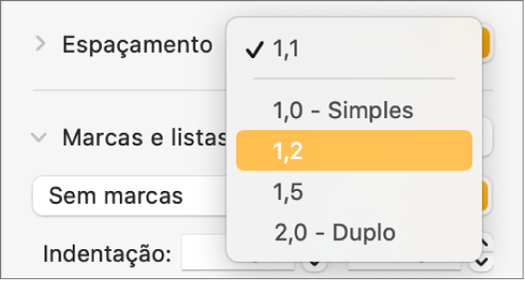 O menu pop-up "Espaçamento” com as opções “Único”, “Duplo” e outras.