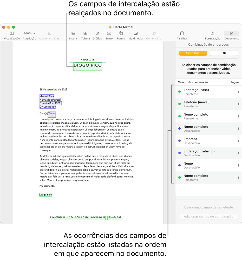 O documento do Pages com os campos de intercalação do destinatário e do remetente e a lista de ocorrências do campo de intercalação visível na barra lateral “Documento”.