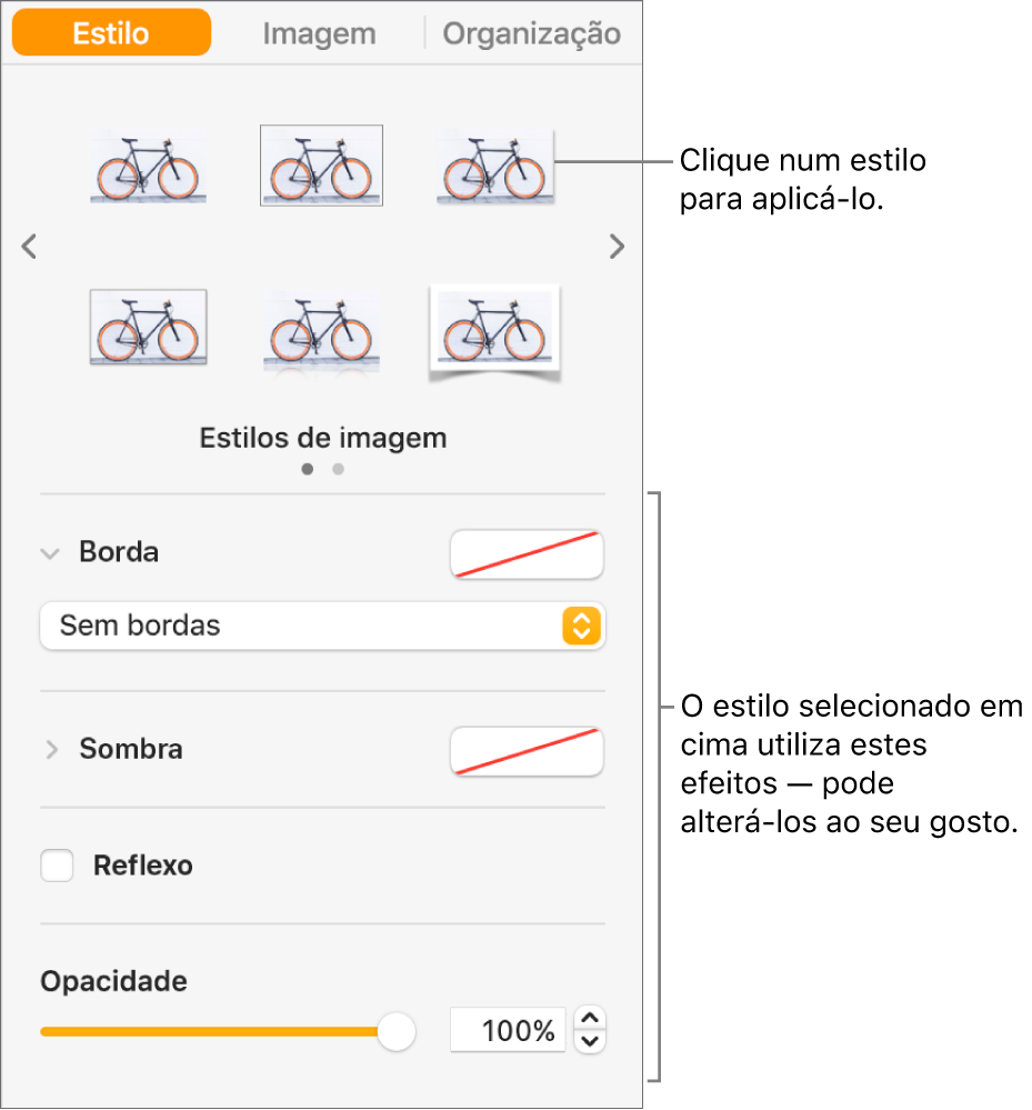 O separador "Estilo” da barra lateral "Formatação” a mostrar opções de estilo de objetos.