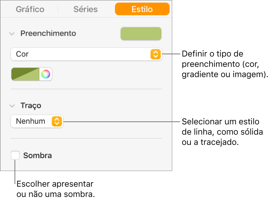 Controlos para alterar a aparência da série de dados.