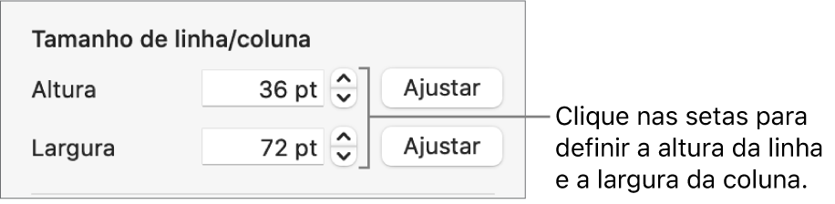 Os controlos para definir um tamanho exato de linha ou coluna.