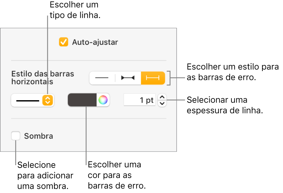 Os controlos para atribuir um estilo às “Barras de erro”.