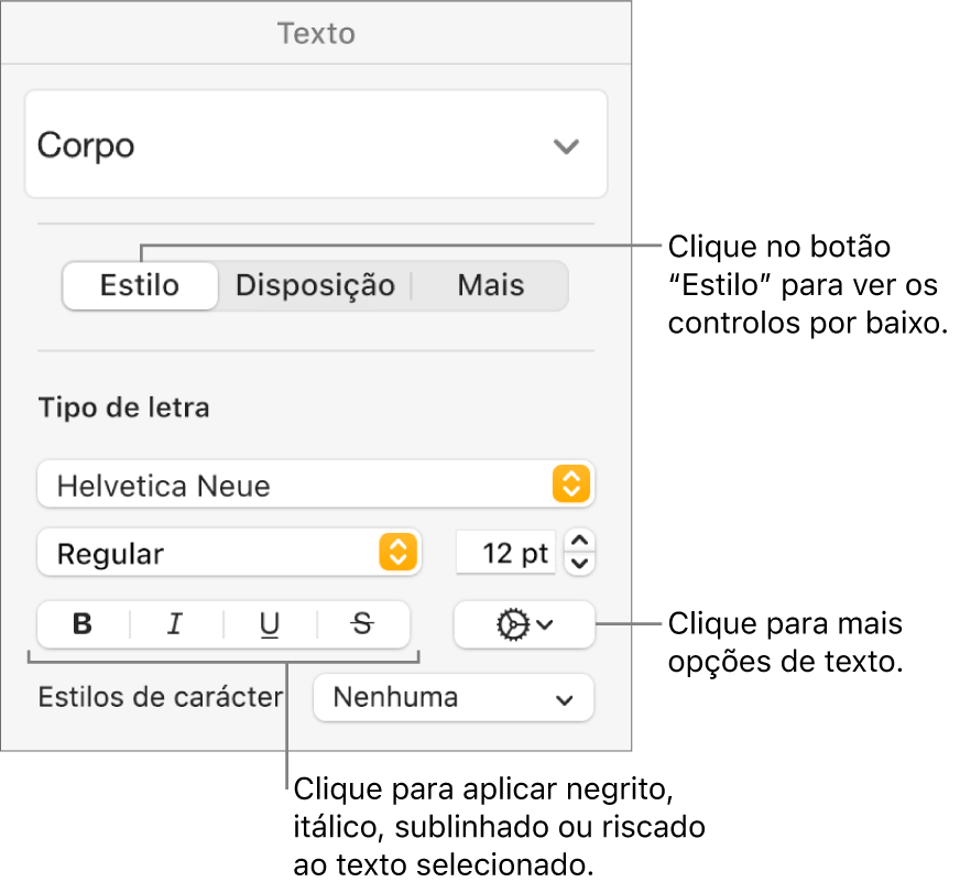 Os controlos “Estilos” na barra lateral “Formatação” com chamadas para os botões “Negrito”, “Itálico”, “Sublinhado” e “Riscado”.