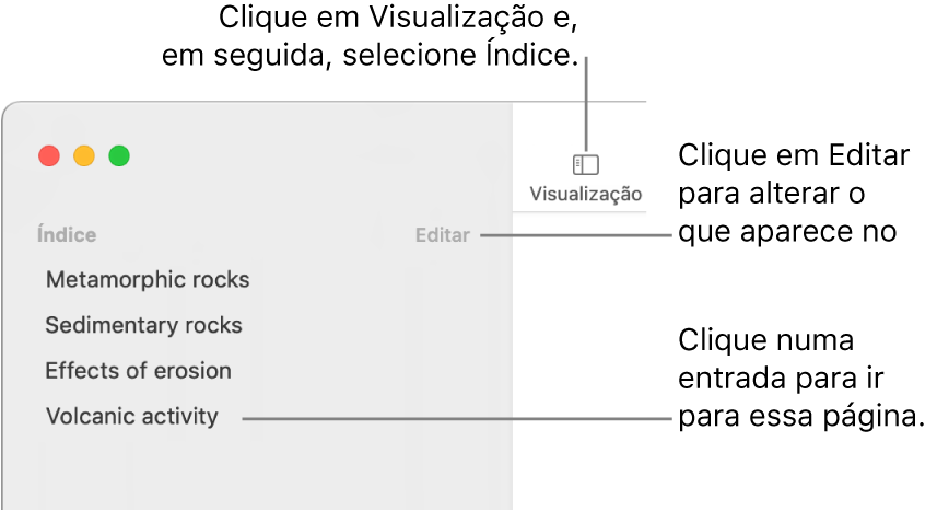 O índice no lado esquerdo da janela do Pages com o botão “Editar” no canto superior direito da barra lateral e as entradas do índice na lista.