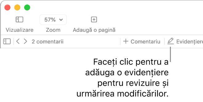 Bară de meniu afișând meniul Inserare și sub acesta, bara de instrumente Pages cu instrumentele de revizie afișate și explicație la butonul Evidențiere.