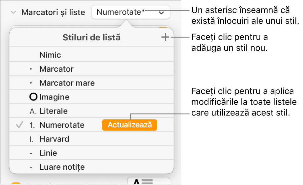 Meniul pop-up Stiluri listă cu un asterisc care indică o suprareglare și explicații la butonul Stil nou, precum și opțiuni pentru gestionarea stilurilor.