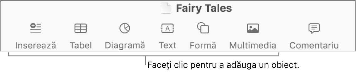 Bara de instrumente cu butoane pentru adăugarea de tabele, diagrame, text, forme și multimedia.