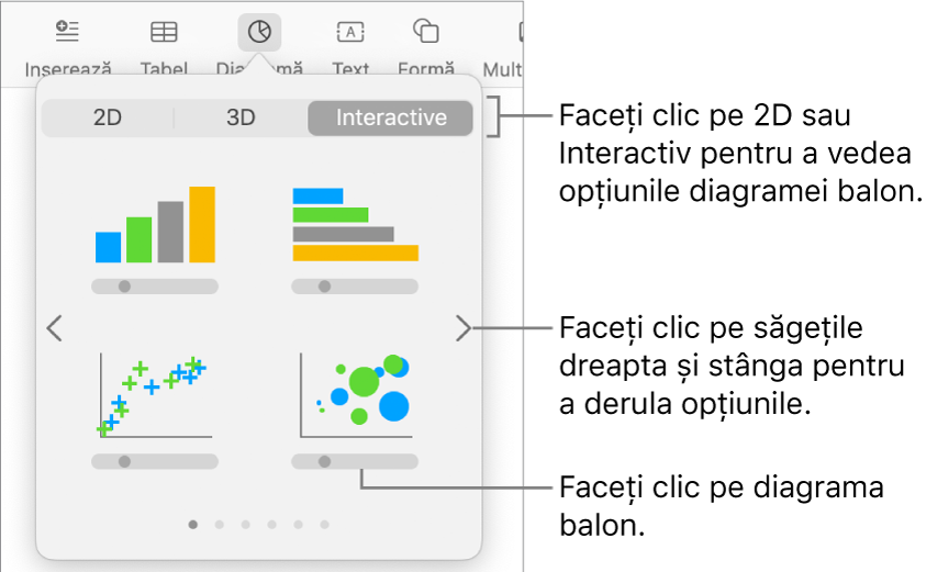 Meniul Adaugă diagramă afișând diagrame interactive, și o explicație cu o opțiune de diagramă balon.