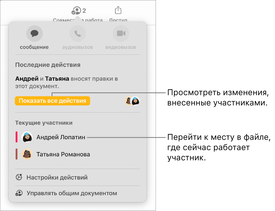 В меню совместной работы показаны двое активных участников.