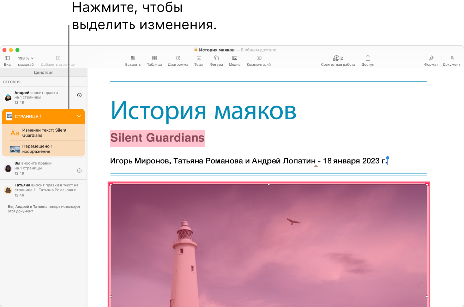 В общем документе открыты меню совместной работы и лента активности.