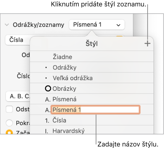 Vyskakovacie menu Štýly zoznamu s tlačidlom Pridať v pravom hornom rohu a názvom vzorového štýlu s označeným textom.