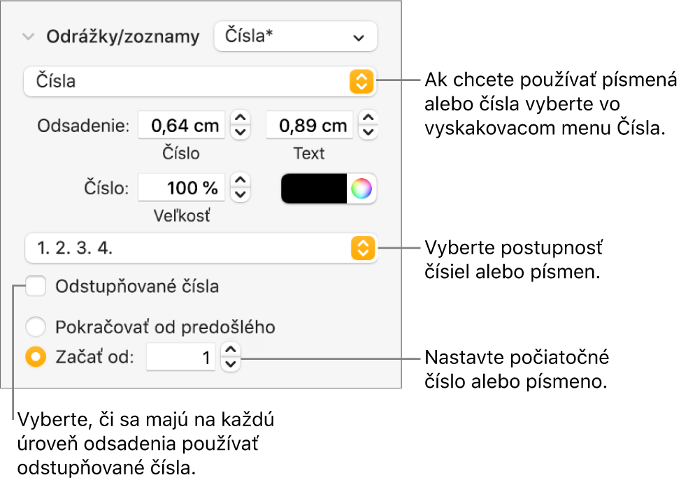 Ovládacie prvky na zmenu štýlu číslovania a medzier zoznamu.