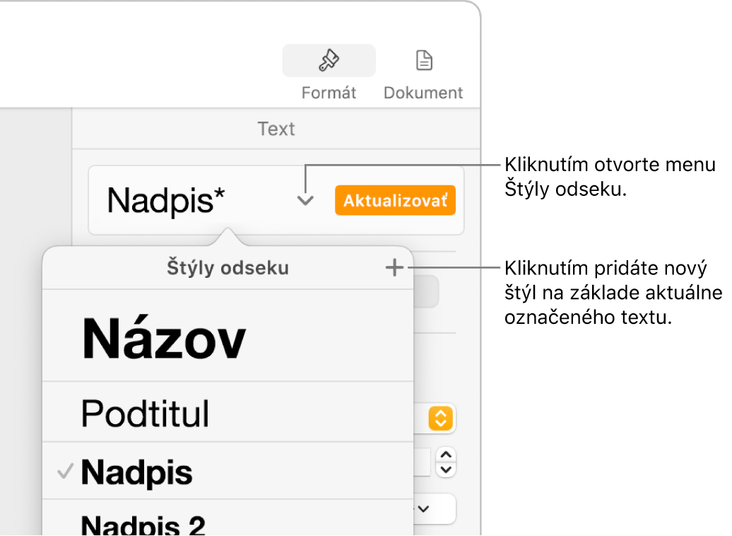Menu Štýly odseku zobrazujúce ovládacie prvky na pridanie alebo zmenu štýlu.