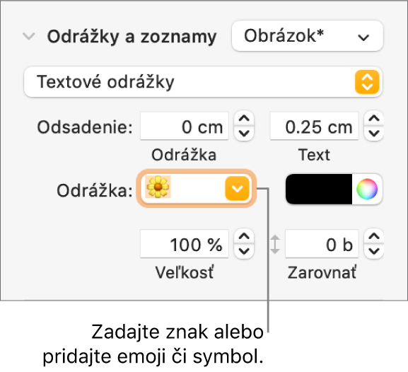 Časť Odrážky a zoznamy postranného panela Formát. Pole Odrážka zobrazuje emoji kvetu.