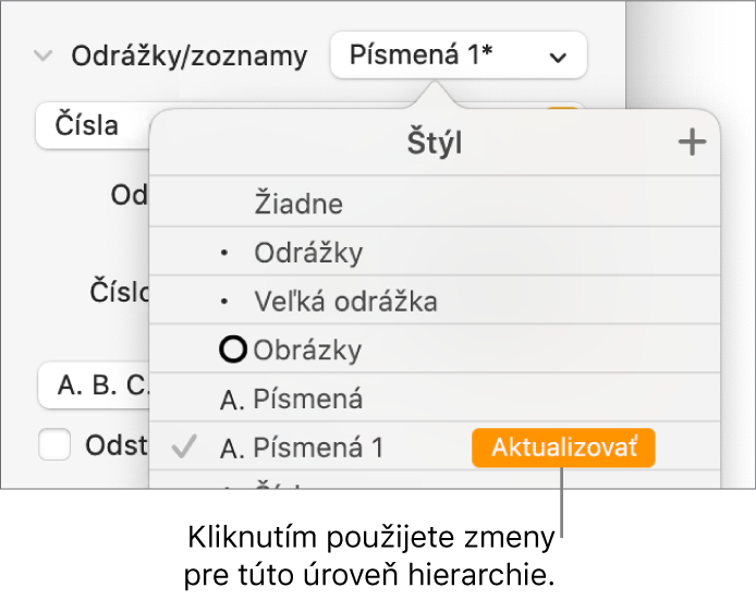 Vyskakovacie menu Štýly zoznamu s tlačidlom Aktualizovať vedľa názvu nového štýlu.