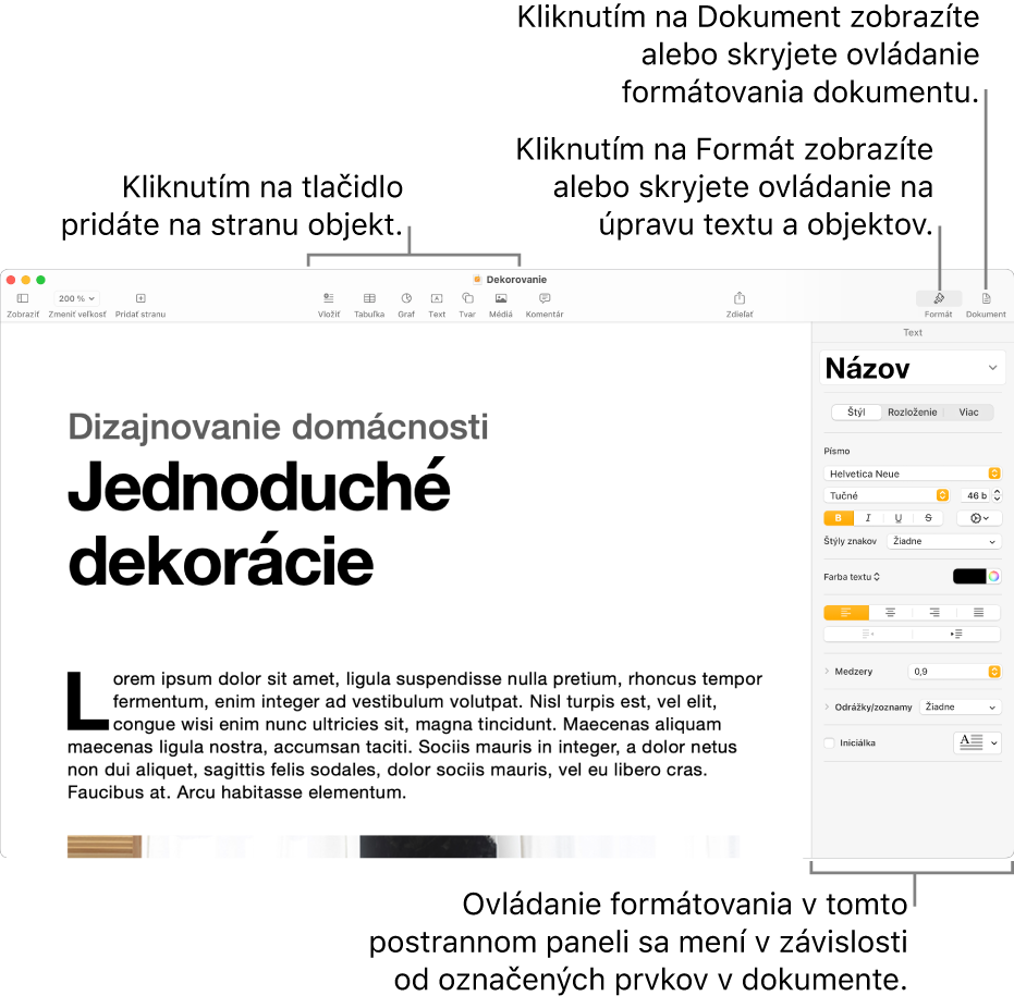 Okno Pages s tlačidlami na paneli s nástrojmi na pridávanie objektov a otváranie postranných panelov.