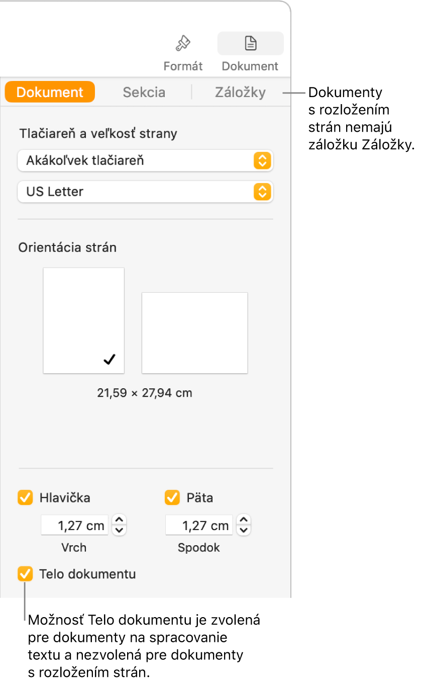 Postranný panel Formát so záložkami Dokument, Sekcia a Záložky v hornej časti. Je zvolený tab Dokument a v bubline pre tab Záložky je napísané, že dokumenty s rozložením strán nemajú tab Záložky. Políčko Telo dokumentu je zaškrtnuté, čo takisto znamená, že toto je dokument na spracovanie textu.