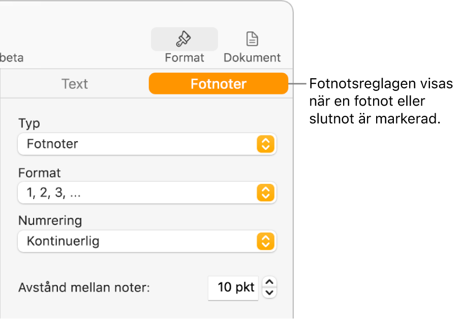 Panelen Fotnoter med popupmenyer för typ, format, numrering och mellanrum mellan fotnoterna.