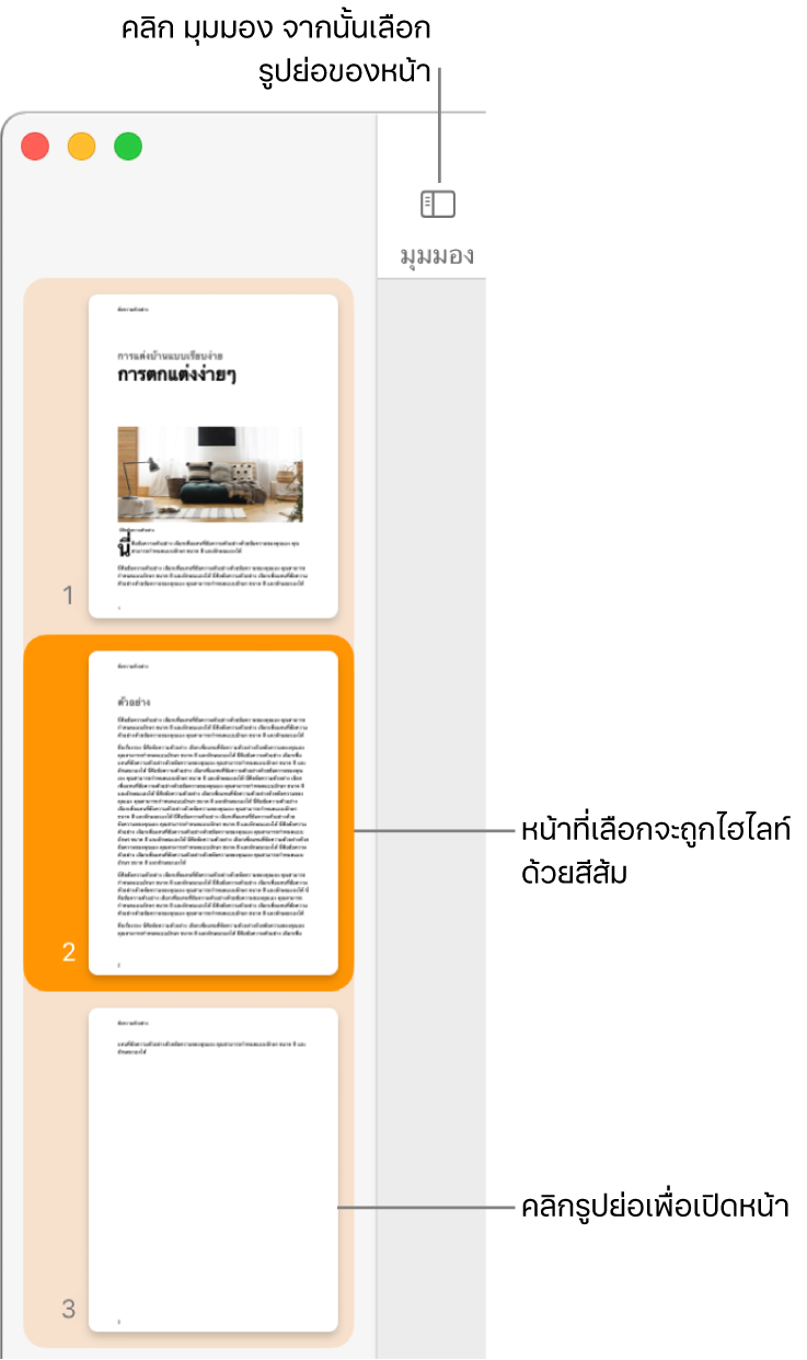 แถบด้านข้างทางซ้ายมือของหน้าต่าง Pages พร้อมมุมมองรูปย่อของหน้าจะเปิด และหน้าที่ถูกเลือกจะถูกไฮไลท์ด้วยสีน้ำ