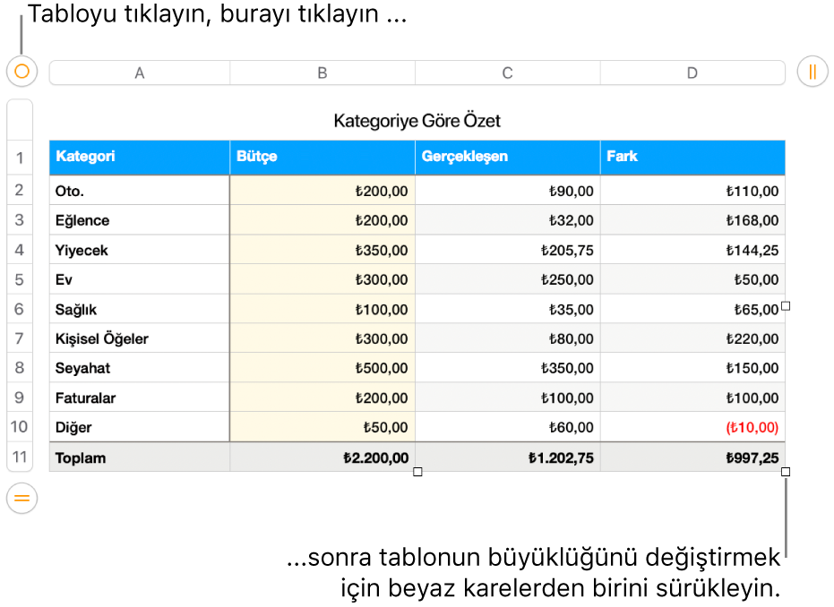 Yeniden boyutlandırma için beyaz kareleri bulunan seçili bir tablo.