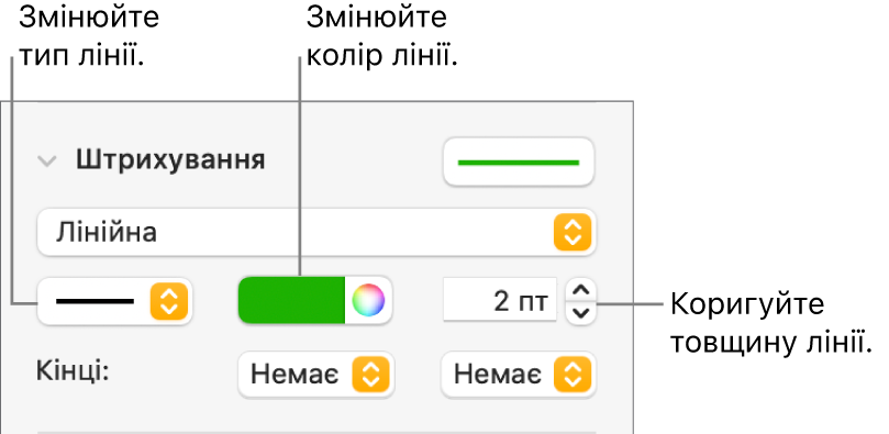 Елементи керування штрихуванням для визначення кінцевих точок, товщини ліній і кольору.