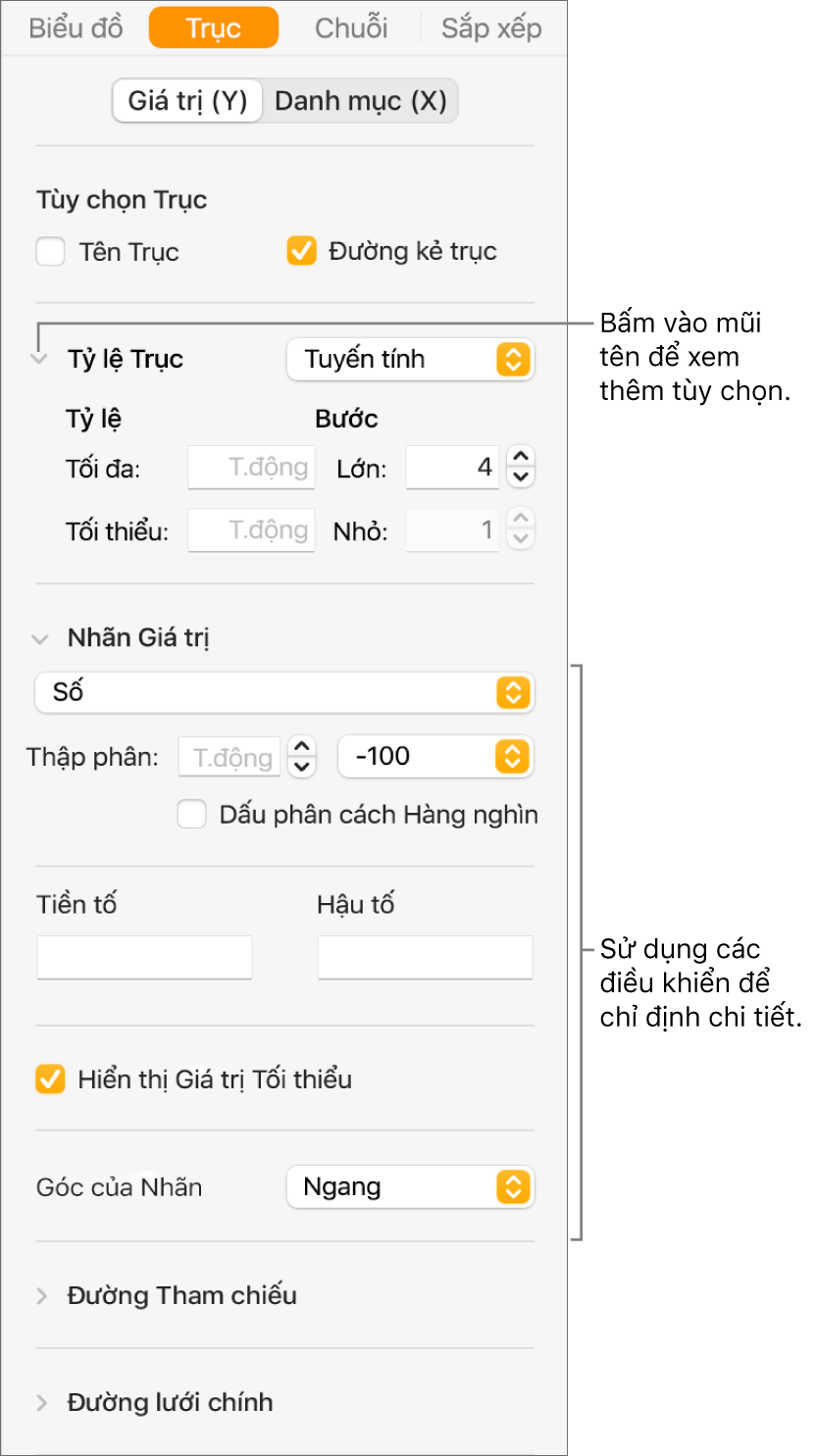 Điều khiển để định dạng các dấu mốc trục của biểu đồ.