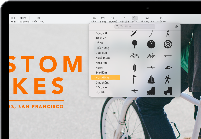 Thanh công cụ với các nút để thêm bảng, biểu đồ, hộp văn bản, hình và phương tiện. Hình được chọn và hiển thị danh mục Hoạt động được chọn trên thanh bên ở bên trái và các hình ở bên phải.